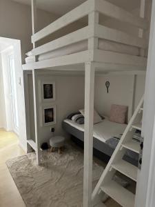 ein Schlafzimmer mit einem weißen Etagenbett mit einer Leiter in der Unterkunft Villa Mali Jardin in Grižane