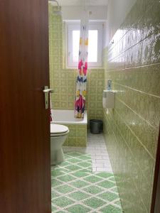 a bathroom with a toilet and a shower curtain at Birgeler Home in Birgel