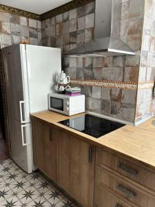 a kitchen with a white refrigerator and a microwave at Luxury art Apartamenty in Pineda de Mar
