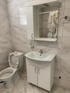 La salle de bains est pourvue de toilettes, d'un lavabo et d'un miroir. dans l'établissement Lejla's guesthouse, à Gusinje