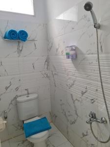 a white bathroom with a shower and a toilet at Sunnydays homestay in Jepara