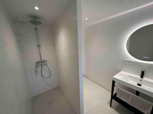 bagno con doccia, lavandino e specchio di Magnifique longère au calme a Trégunc