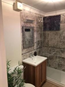 a bathroom with a sink and a toilet and a shower at Carbis Bay luxury ground floor flat close to beach in Carbis Bay