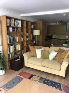 a living room with a couch and book shelves at Carbis Bay luxury ground floor flat close to beach in Carbis Bay