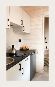 a kitchen with white cabinets and a sink at Domy na wodzie Sztynort in Sztynort