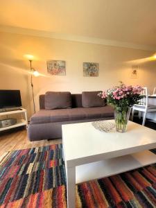 uma sala de estar com um sofá e uma mesa em Winterberg Appartement 21115 em Winterberg