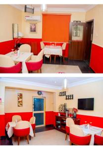 伊凱賈的住宿－ERiTH APARTMENT & SUITES，两幅带桌椅的用餐室的照片