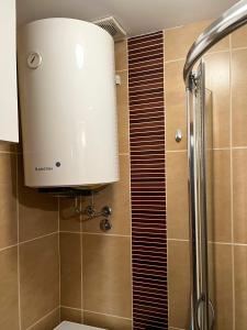 La salle de bains est pourvue d'une douche et de toilettes. dans l'établissement B&O Apartment, à Budva