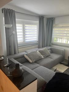 ein Wohnzimmer mit einem grauen Sofa vor einem Fenster in der Unterkunft Zen und Modernes Apartment in Remscheid Zentrum in Remscheid