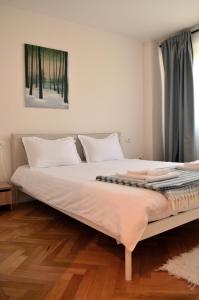 a large bed with white sheets and a painting on the wall at Apartament Mony in Timişoara