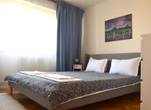 a bedroom with a bed with blue curtains and a window at Apartament Mony in Timişoara