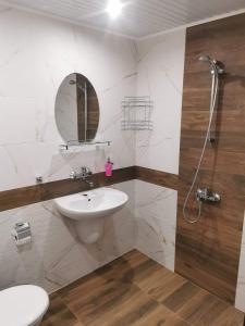 uma casa de banho com um lavatório e um chuveiro em АРНАТА КЪЩА em Yakovtsi