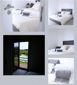 a collage of pictures of a bedroom with two beds at Trancoso Ecohouse in Trancoso