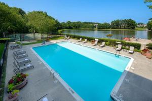 an overhead view of a large swimming pool with a river at DoubleTree Suites by Hilton Raleigh-Durham in Durham