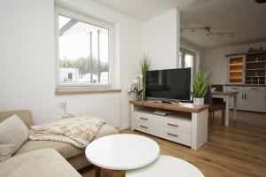 a living room with a couch and a tv at schöne 2-Raum-Wohnung mit Balkon, gratis Nutzung vom AHOI Erlebnisbad und Sauna in Sellin - Villa Jolie FeWo 09 in Ostseebad Sellin