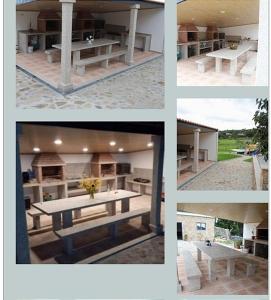un collage de quatre images d'une table et d'un bâtiment dans l'établissement Trancoso Ecohouse, à Trancoso