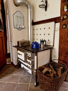 eine Küche mit einem Herd und einem Korb in der Unterkunft Kötterhof in Bevern