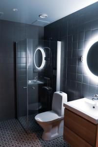 La salle de bains est pourvue de toilettes, d'un lavabo et d'un miroir. dans l'établissement Sångbergs Hotell, à Tranemo
