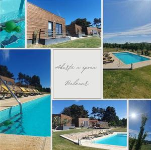 a collage of pictures of a swimming pool at Trancoso Ecohouse in Trancoso