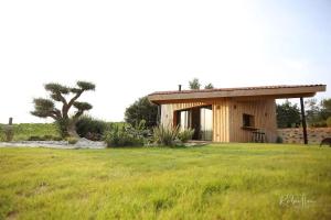 a small house in a field with a green yard at les Hauts de Rébeillou - Cabane Spa in Flourens