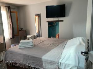 a bedroom with a bed with a flat screen tv on the wall at Maisonnette au cœur du village in Le Bar-sur-Loup