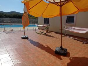 een patio met 2 parasols en een zwembad bij chez Sylvie et Alain 