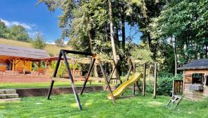 a playground with a slide in the grass at Penzion Kokorin Forest Villa in Konrádov