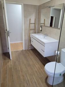 uma casa de banho com um lavatório branco e um WC. em Fernandes Apartments em Ponte de Lima