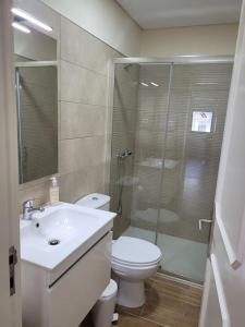 a bathroom with a toilet and a sink and a shower at Fernandes Apartments in Ponte de Lima