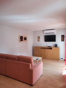 een woonkamer met een bank en een flatscreen-tv bij Fernandes Apartments in Ponte de Lima
