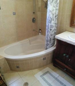 een badkamer met een bad en een wastafel bij מצפה 1050 in Neve Ativ