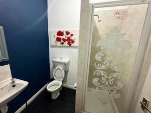 W łazience znajduje się biała toaleta i prysznic. w obiekcie A&A Luxury Stay Bettys w mieście Pallion