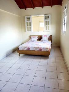 1 dormitorio con 1 cama en una habitación con ventana en petit paradis du thermaliste, en Lamentin