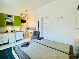 ein Schlafzimmer mit einem Bett und eine Küche mit grünen Schränken in der Unterkunft Green Skyline - Central studio with stunning view in Budapest