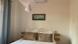 a bedroom with a bed with two pillows and a fan at Plateau Home in Kasane