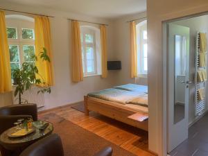 1 dormitorio con 1 cama y 2 ventanas en Loensches Gut, en Görlitz