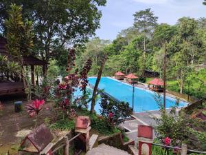 a pool at a resort with flowers and trees at Joben Eco Park in Tetebatu