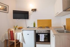 a small kitchen with a stove and a sink at Apartma Lovor in Bohinj