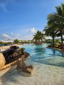 a swimming pool with palm trees and a beach at Casa de Campo na Represa de Paranapanema Riviera de Sta Cristina XIII in Paranapanema +30 photos