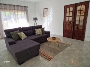 uma sala de estar com um sofá roxo e uma mesa em Casa Almeida - Castelo Branco em Castelo Branco