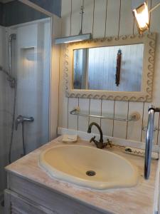 a bathroom with a sink and a mirror and a shower at UN CHALET EN BOIS A LA PLAGE in Gruissan