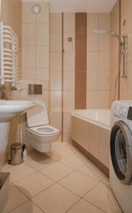 y baño con aseo, lavabo y lavadora. en Cosy and Comfortable Apartment in Cracov, en Cracovia