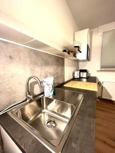 a kitchen with a stainless steel sink in it at X-Hain Kiezwohnung in Berlin