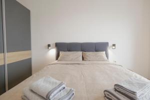 ソフィアにあるGreen Eyes Apartmentsのベッドルーム1室(大型ベッド1台、タオル付)