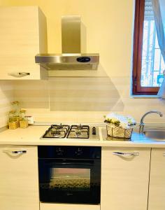 uma cozinha com um fogão e um lavatório em Il Gatto Nero em Coreglia Antelminelli