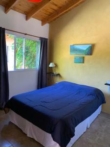 Un dormitorio con una cama azul y una ventana en Posada The Gringos en Villa Yacanto