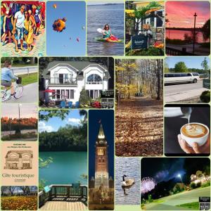 un collage de fotos de casas y lugares de interés en Kokomo INN Bed and Breakfast Ottawa-Gatineau's Only Tropical Riverfront B&B on the National Capital Cycling Pathway Route Verte #1 - for Adults Only - Chambre d'hôtes tropical aux berges des Outaouais BnB #17542O, en Ottawa