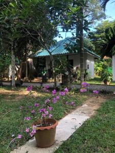 a pot of flowers in front of a house at Tropical Paradise Leelawadee Resort in Ko Chang