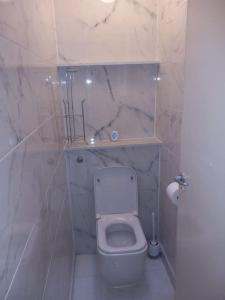 a white bathroom with a toilet and a shower at Beautiful Apartment in Hackney in London