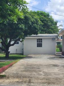 a white garage with a tree in front of it at Valdu Cozy Cottage in Christ Church